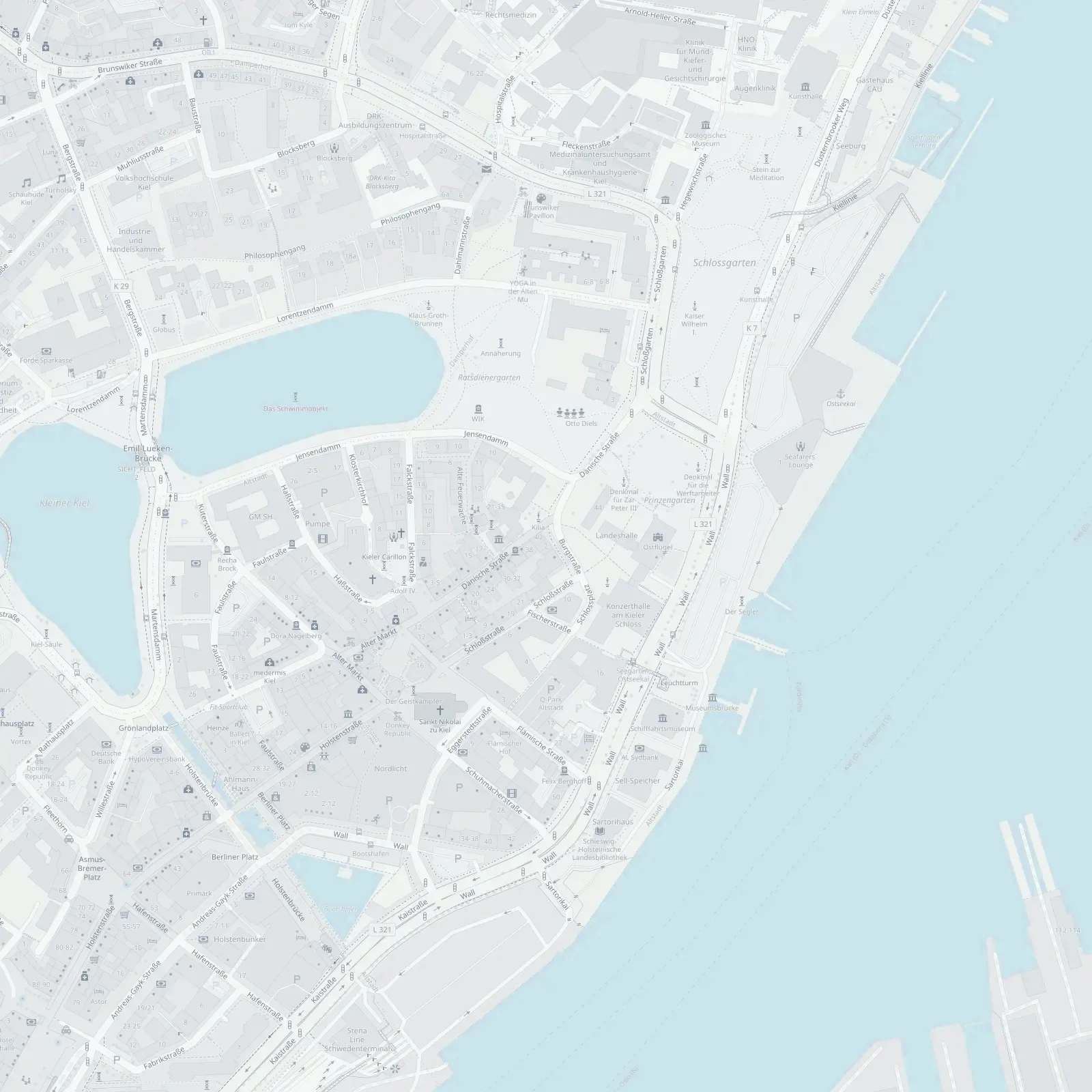 Stadtplan der Kieler Altstadt an der Förde, mit einer Markierung auf der Burgstraße 2